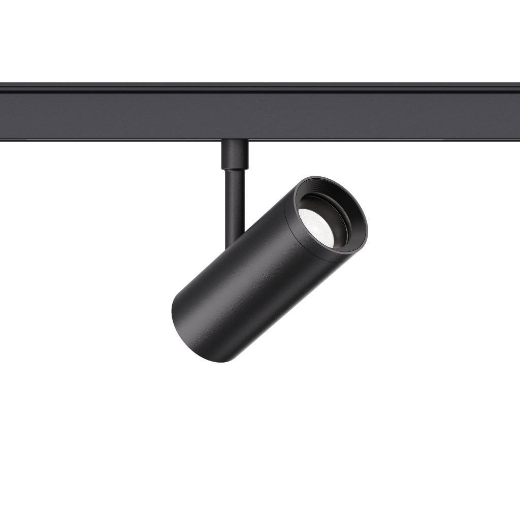 6W SpotON D35-48V schwarz innoLED Schienenspot schwarz mit drehbarem Spotkopf an schwarzer Schiene