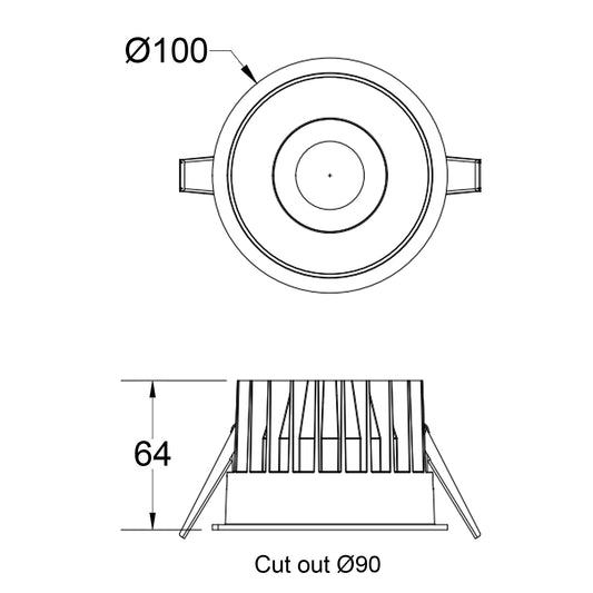 Skizze FOCO-R 15W mit einem Deckenausschnitt von 90mm