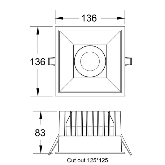 Maßskizze für den QDL 136x136 Fabrikat innoLED inkl. Angabe des Deckenausschnittes