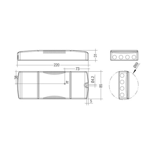 Treiber LC 60W 900–1750mA flexC SR EXC Tridonic LED-Treiber B-Ware auf weißer Maßzeichnung