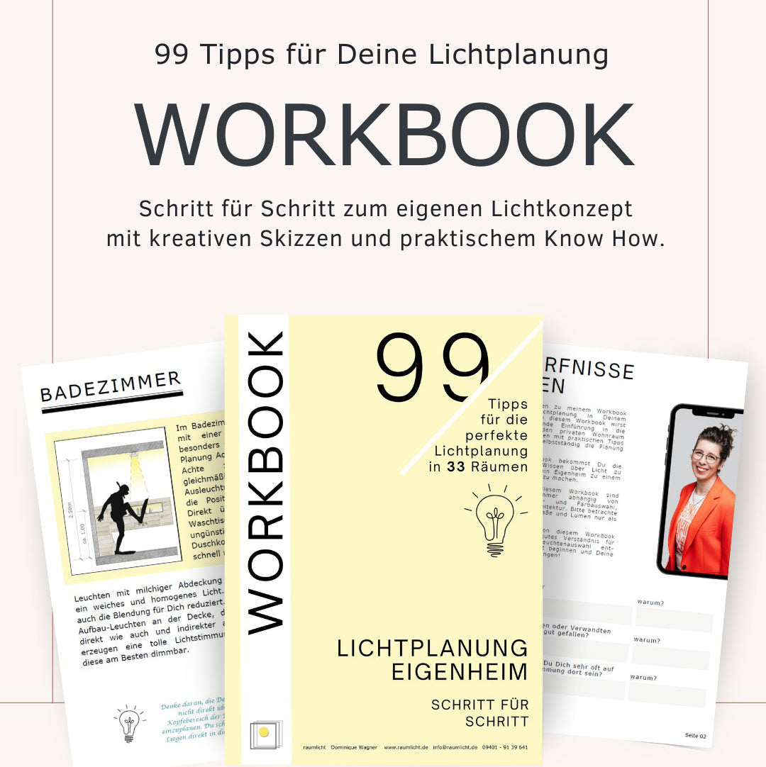 Arbeitsbuch: 99 Tipps zur Lichtplanung (PDF) raumlicht Arbeitsbuch gelb mit Glühbirnen-Symbol für Eigenheim