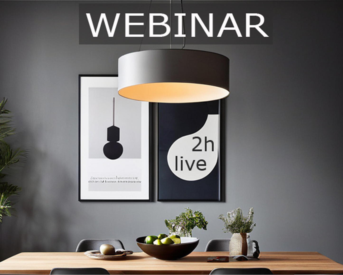 Webinar | Lichtschulung raumlicht Webinar mit Hängelampe, weißer Schirm und schwarzes Gestell, 2 Stunden