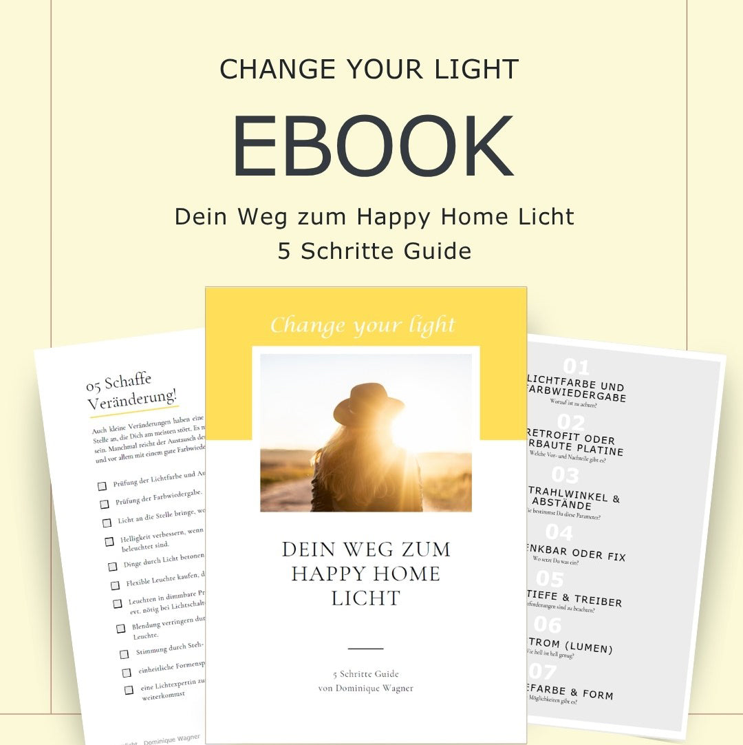 E-Book | 5 Schritte zum Happy Home Licht (PDF) raumlicht gelbes E-Book Cover mit 5-Schritte-Guide