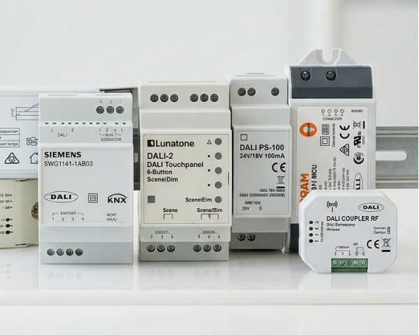 Mehrere DALI-Steuergeräte und Netzteile auf Hutschiene, beschriftete Module verschiedener Hersteller, neutraler Hintergrund