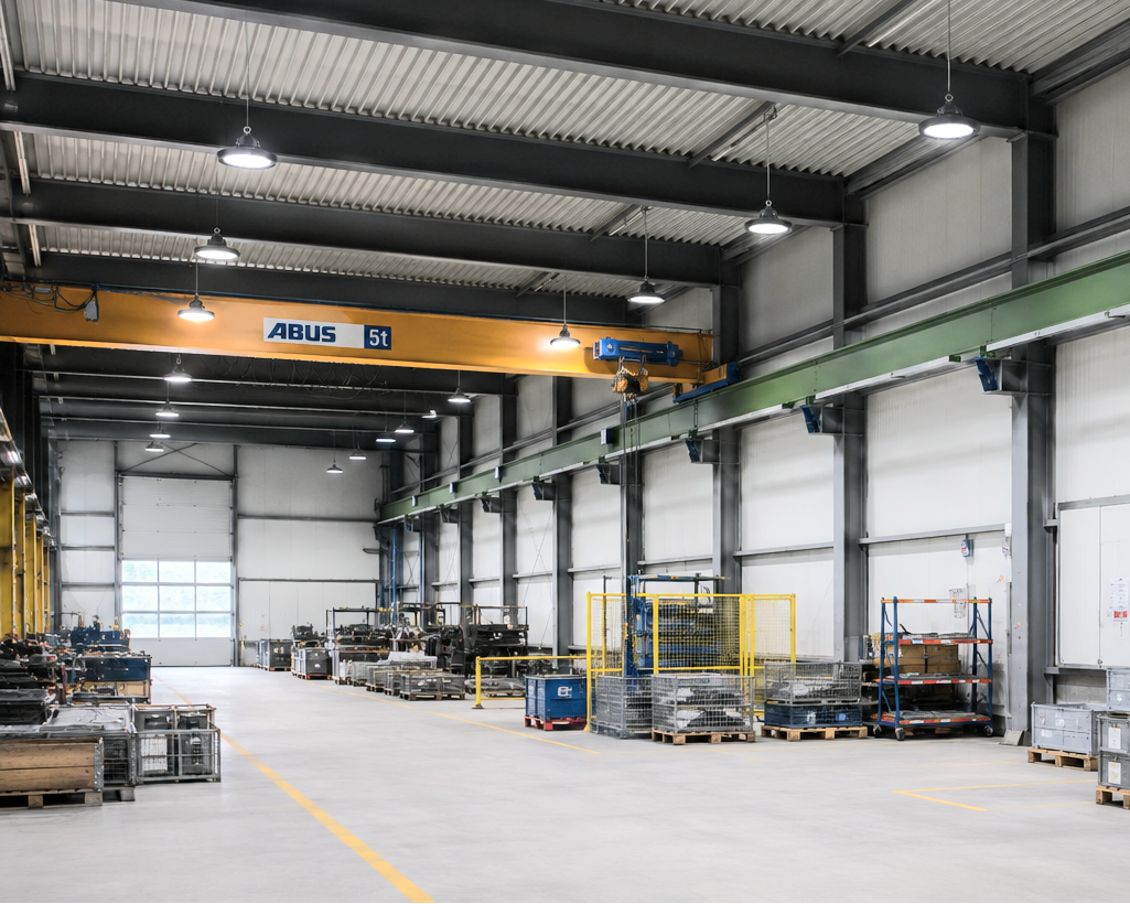 Industrie Lagerhalle mit Pendelleuchten Merkur