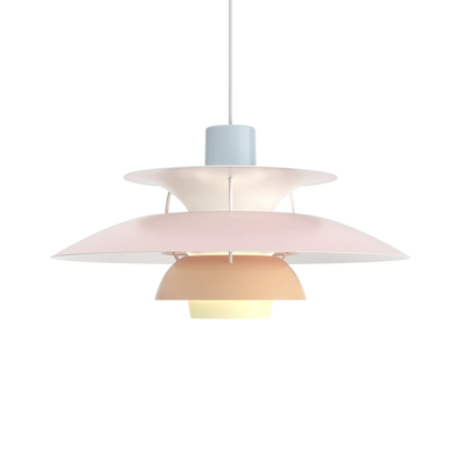 PH 5 Louis Poulsen Pendelleuchte modern mit weißem und rosafarbenem Lampenschirm dreistufiger Schirmform