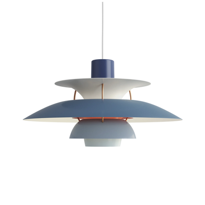 PH 5 modernes Design Louis Poulsen Pendelleuchte blaugrauer Lampenschirm mit zentraler Aufhängestange