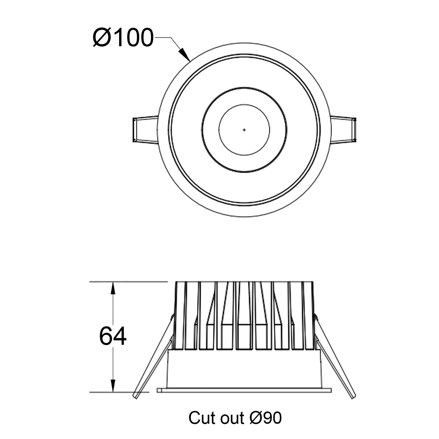 Skizze FOCO-R  15W mit einem Deckenausschnitt von 90mm