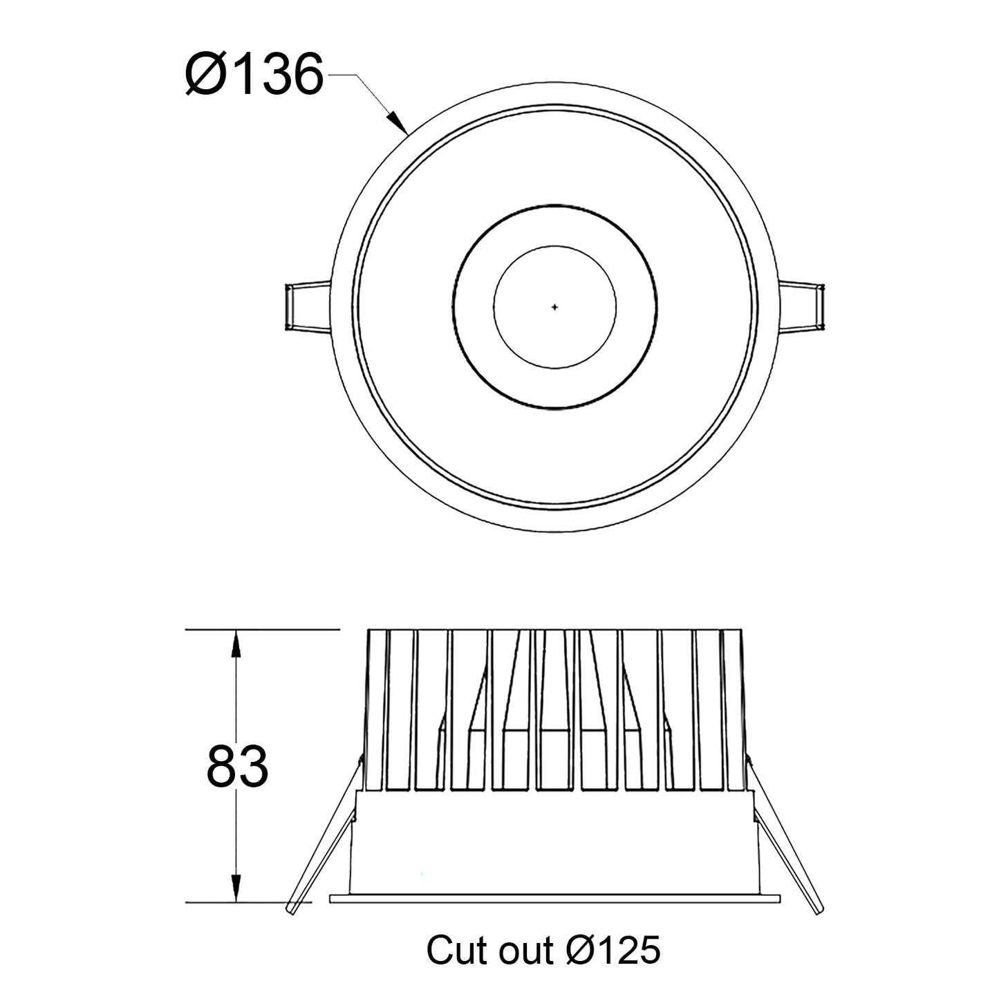 Skizze FOCO-R  mit einem Deckenausschnitt von 125mm