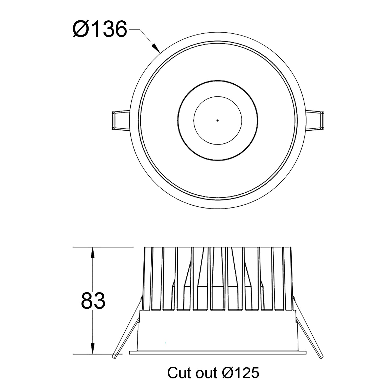 Skizze FOCO-R  mit einem Deckenausschnitt von 125mm