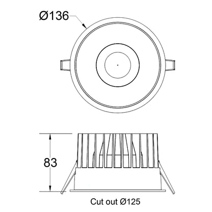 Skizze FOCO-R  mit einem Deckenausschnitt von 125mm