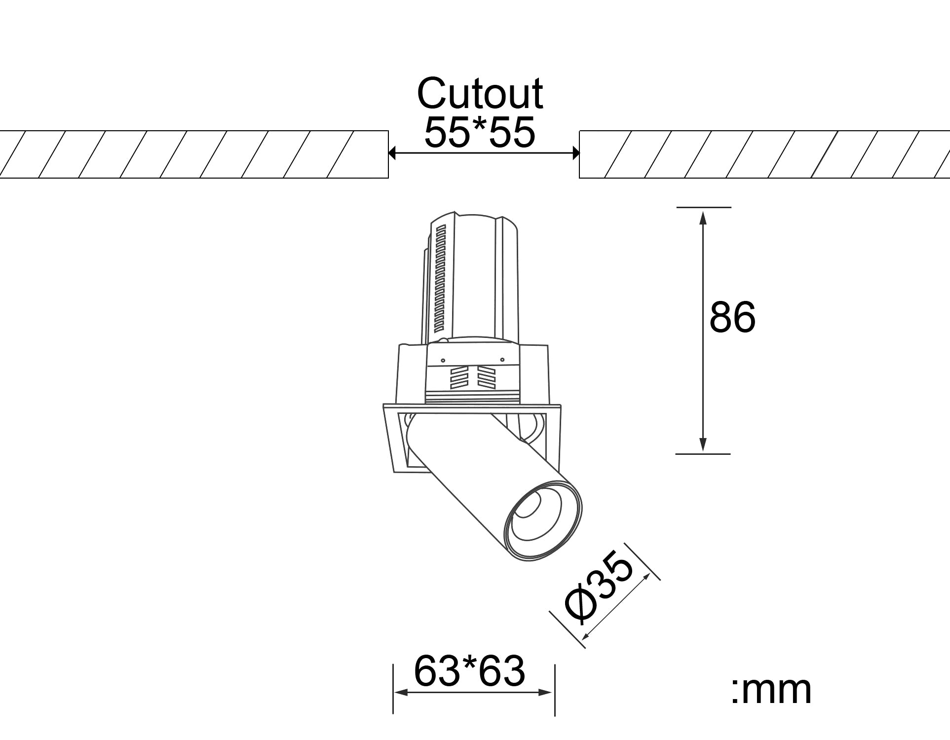 Darstellung Bemaßung des EDL07 mit einem Deckenausschnitt von 55x55mm