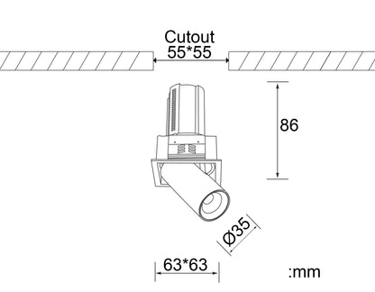 Darstellung Bemaßung des EDL07 mit einem Deckenausschnitt von 55x55mm