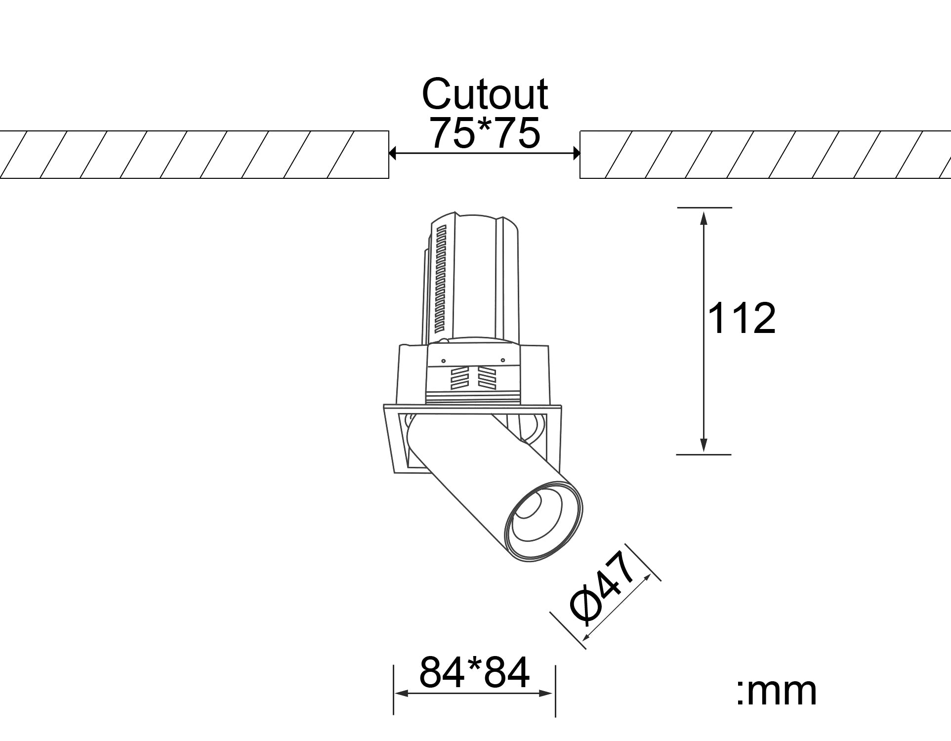 Darstellung Bemaßung des EDL07 mit einem Deckenausschnitt von 75x75mm