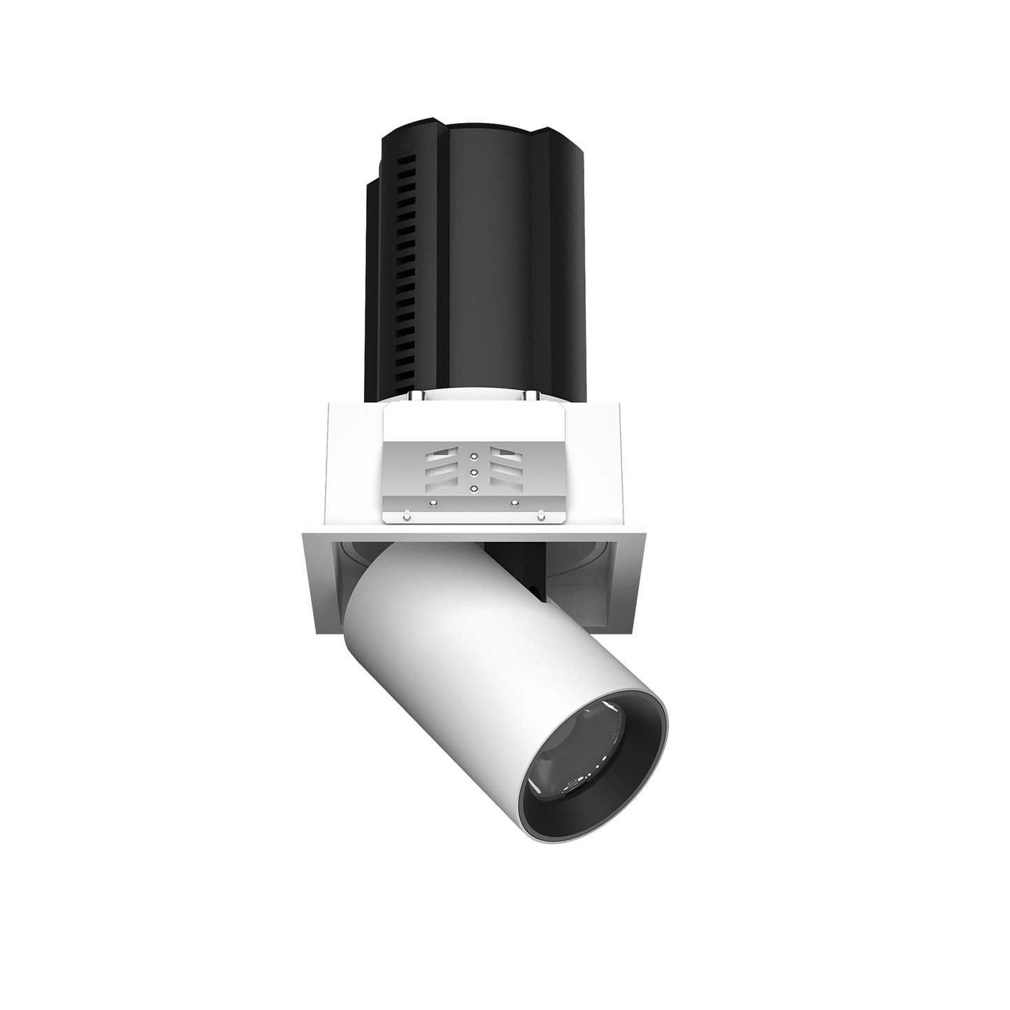Einbaudownlight mit rechteckiger Blende in weiß mit rausziehbarem zylinderförmigen Strahlerkopf in Zylinderform