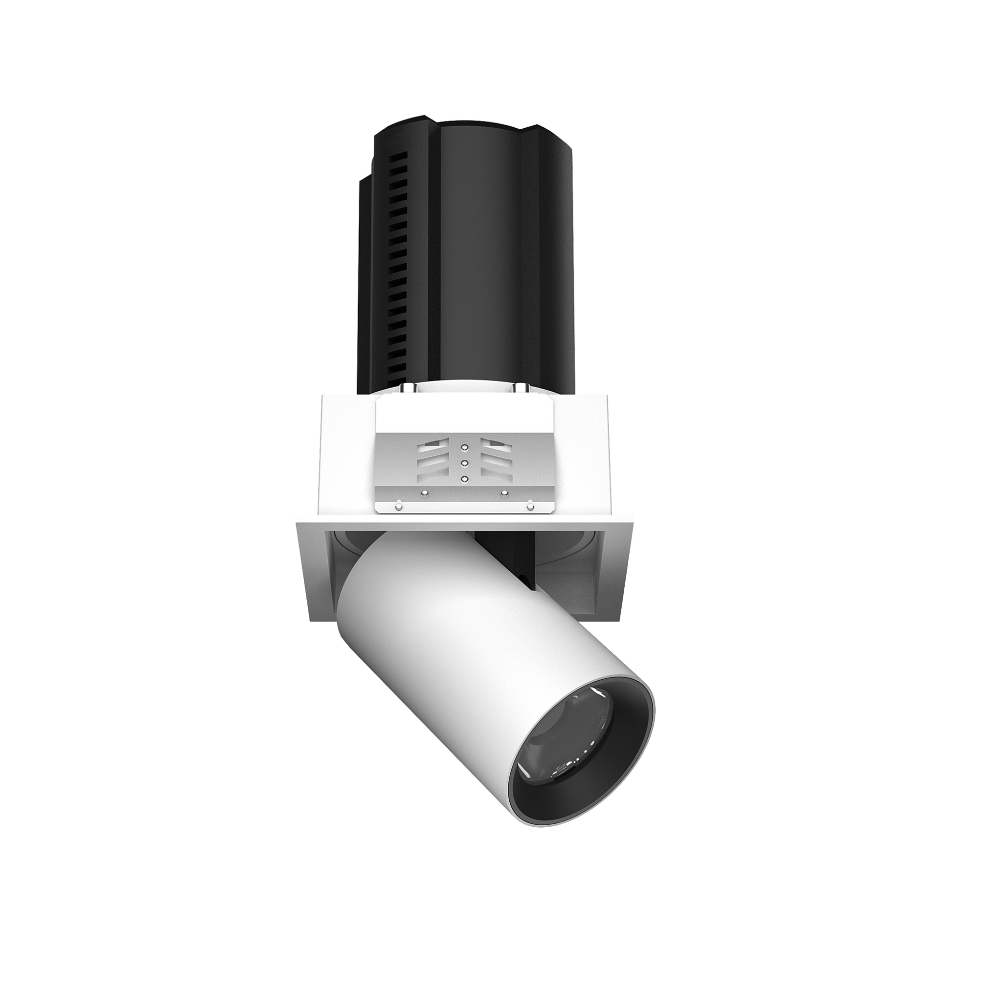 Einbaudownlight mit rechteckiger Blende in weiß mit rausziehbarem zylinderförmigen Strahlerkopf in Zylinderform