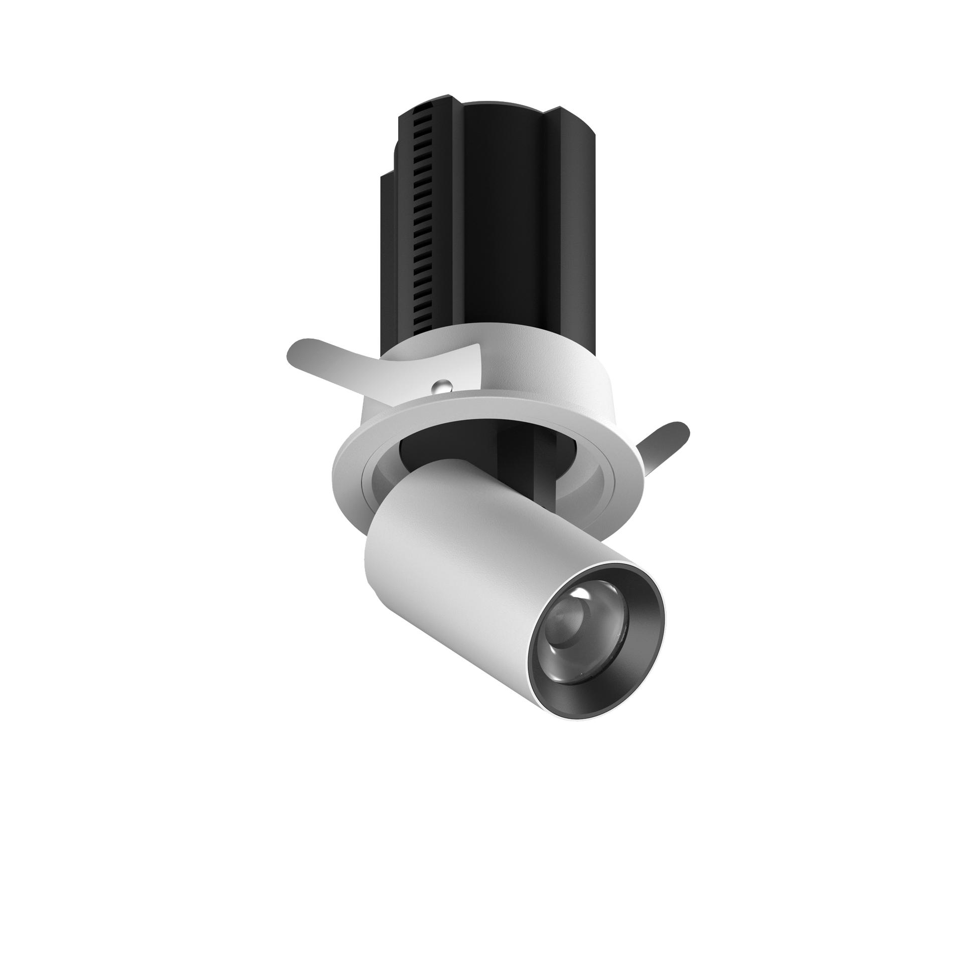 Einbaudownlight mit runder Blende in weiß mit rausziehbarem Strahlerkopf in Zylinderform