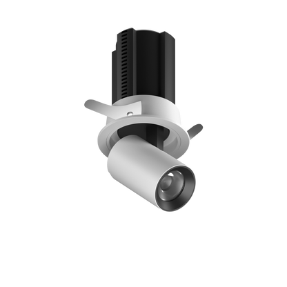 Einbaudownlight mit runder Blende in weiß mit rausziehbarem Strahlerkopf in Zylinderform